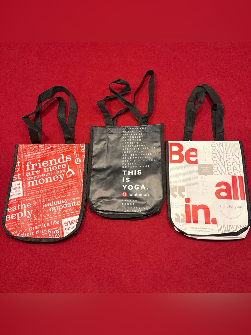 Lululemon Lot 3 Small Reusable Shopping Tote Bags Black White Red